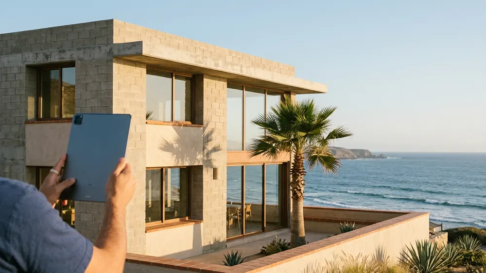 An inspector documenting a concrete block home by the ocean with a tablet