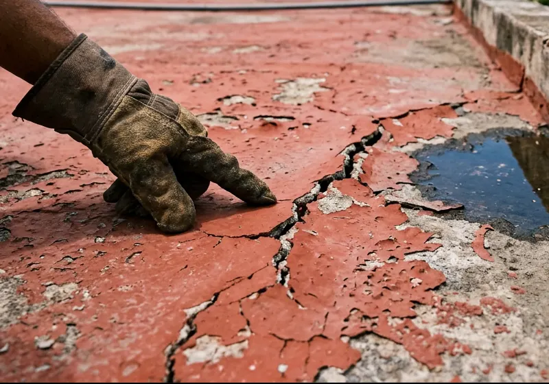 A gloved hand pointing at cracked, peeling red waterproofing and standing water on a flat concrete roof