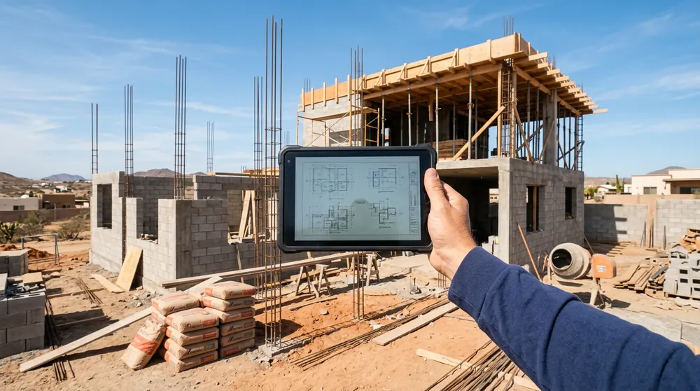 A tablet held up at a home construction site with concrete block walls and rebar columns