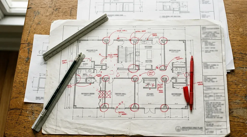 Planos arquitectónicos impresos con marcas rojas de revisión, escalímetro y pluma